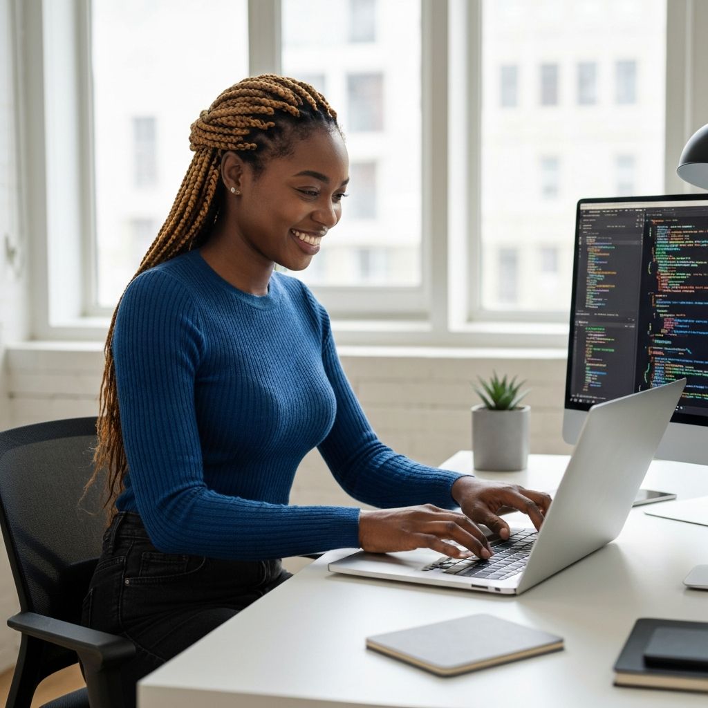 Smiling African woman developer typing code on laptop with extended monitor displaying code beside her in a professional workspace